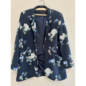 Zara Woman Blazer Jacket M Navy Blue Multi Dark Floral Open Casual Work Party